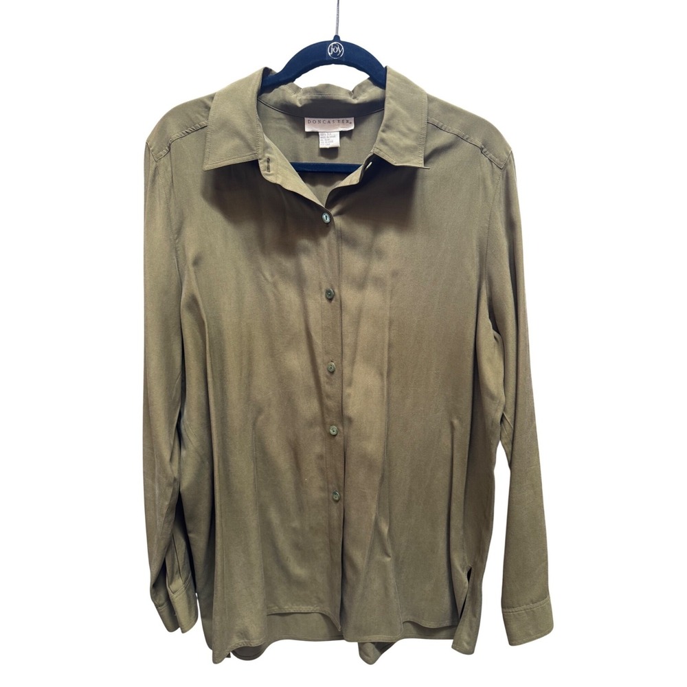 Doncaster Silk Button Down Shirt Olive Green Long Sleeve Blouse Size Large